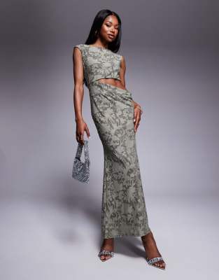 Asos Design Slash Neck Burnout Maxi Dress With Waist Cut Out And Scoop Back In Green