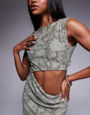 Shop Asos Design Slash Neck Burnout Maxi Dress With Waist Cut Out And Scoop Back In Green