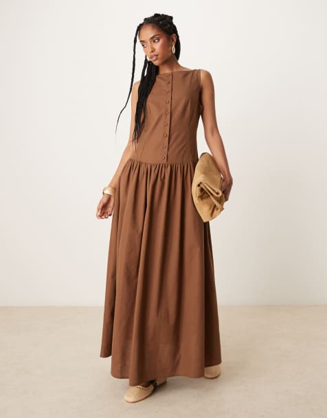 ASOS DESIGN slash neck button down dropped waist maxi dress in chocolate - view 1
