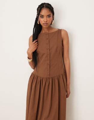 Asos Design Slash Neck Button Down Dropped Waist Maxi Dress