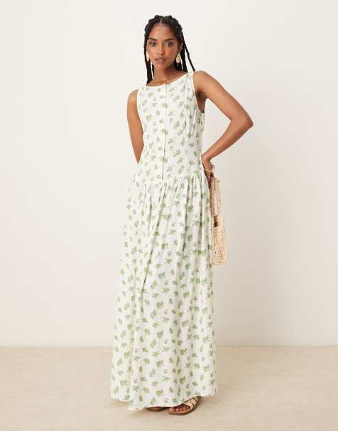 ASOS DESIGN slash neck button down dropped waist maxi dress in green floral - view 1