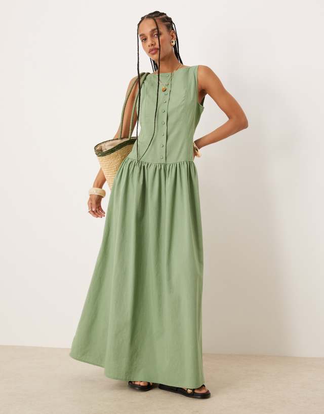 pistachio green dress ASOS DESIGN slash neck button down dropped waist maxi in Goes