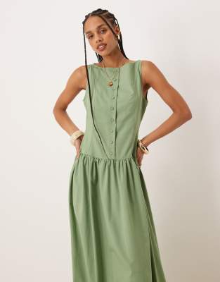 ASOS DESIGN slash neck button down dropped waist maxi dress in pistachio green