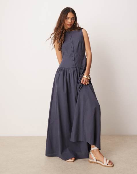 ASOS DESIGN slash neck button down dropped waist maxi sundress in deep navy - view 1