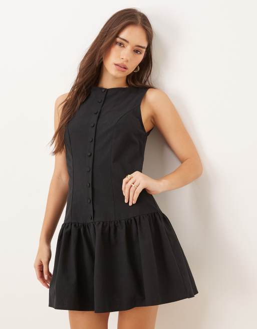 ASOS DESIGN slash neck button down dropped waist mini dress in black