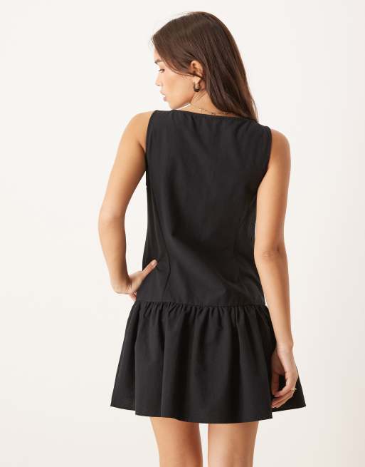 ASOS DESIGN slash neck button down dropped waist mini dress in black