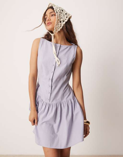 ASOS DESIGN slash neck button down dropped waist mini dress in blue