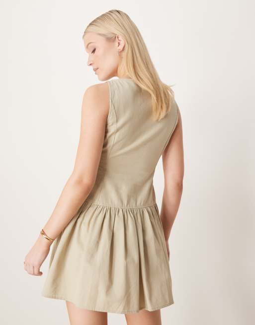 ASOS DESIGN slash neck button down dropped waist mini dress in putty
