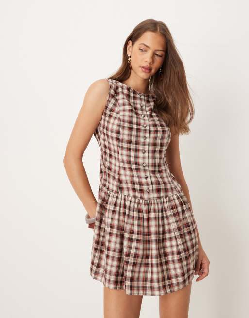 ASOS DESIGN slash neck button down dropped waist mini dress in red check