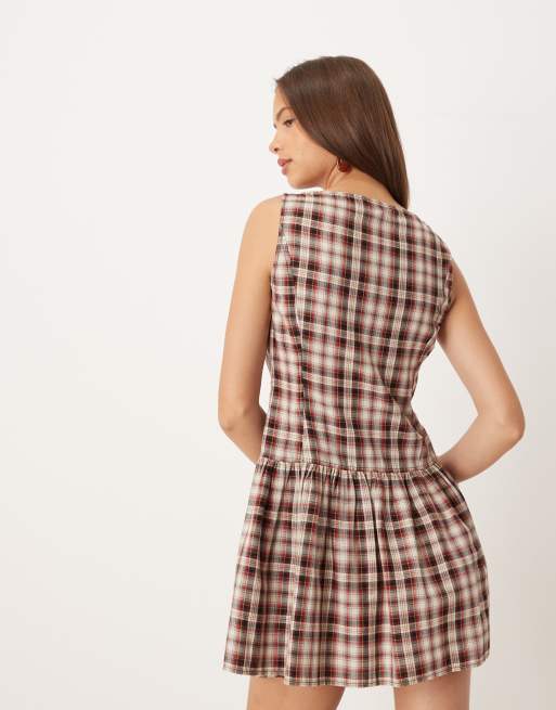 ASOS DESIGN slash neck button down dropped waist mini dress in red check