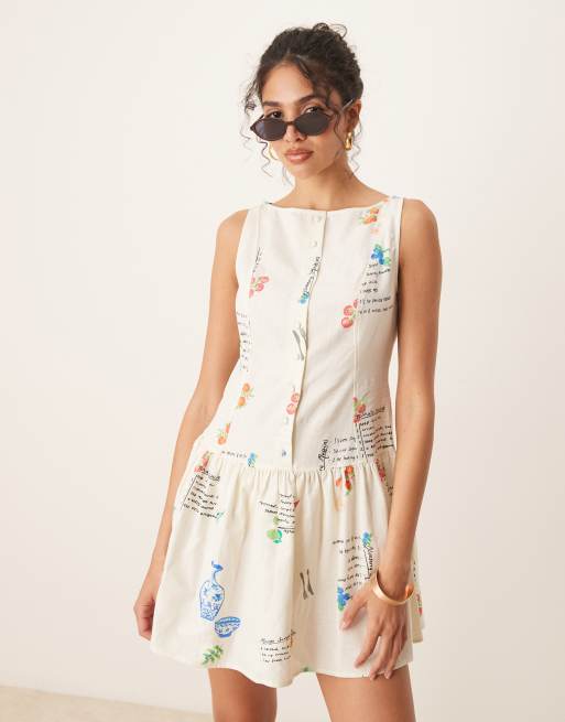 ASOS DESIGN slash neck button down dropped waist mini dress in picante print