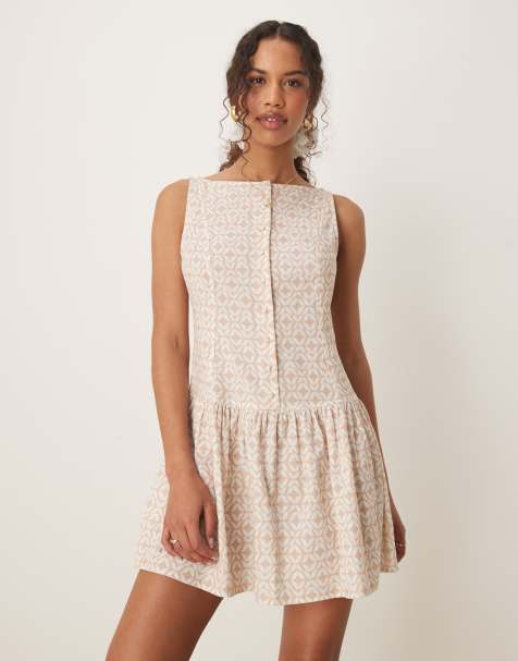 ASOS DESIGN slash neck button down dropped waist mini dress in stone tile print - view 1