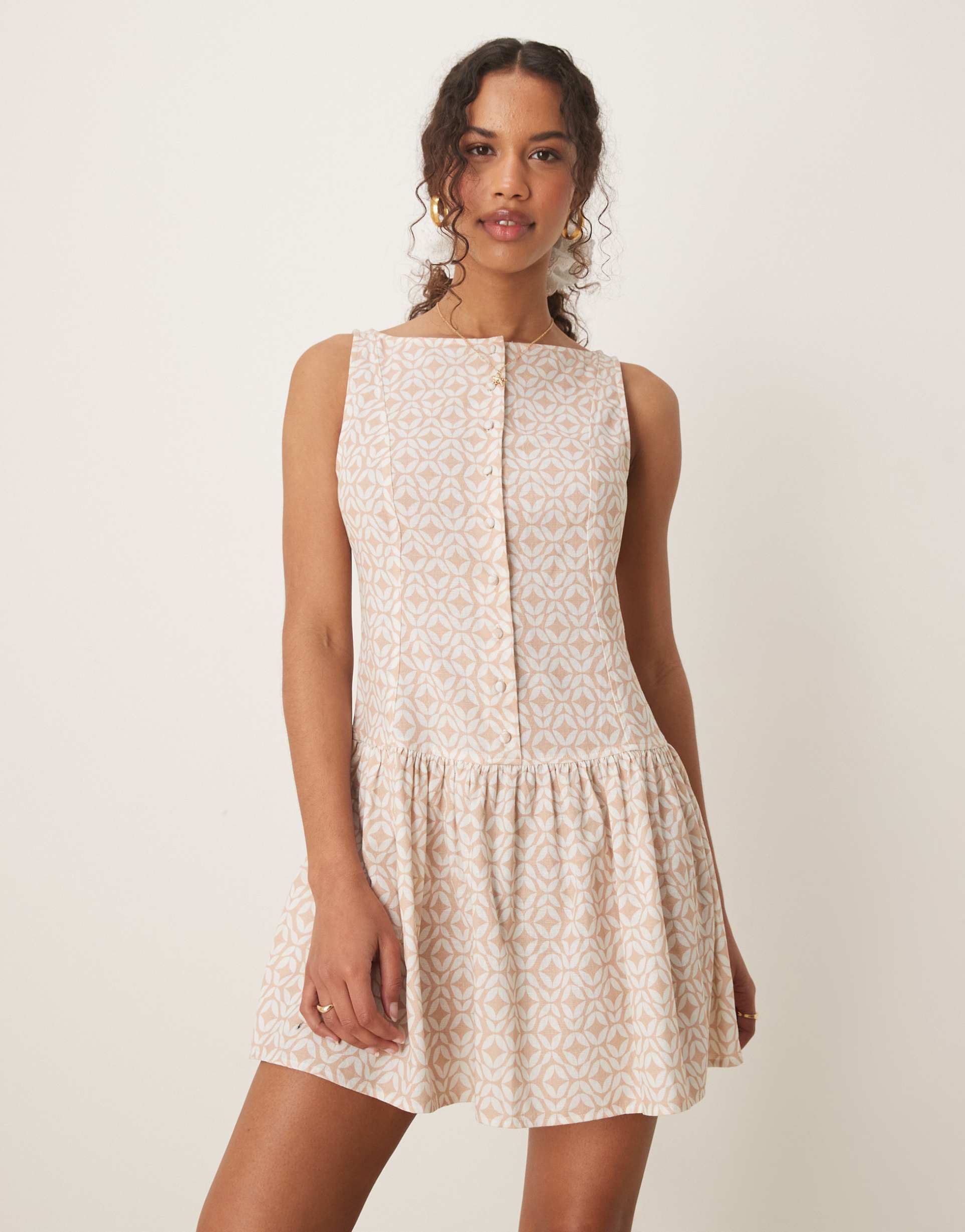 asos design slash neck button down dropped waist mini dress in stone tile print