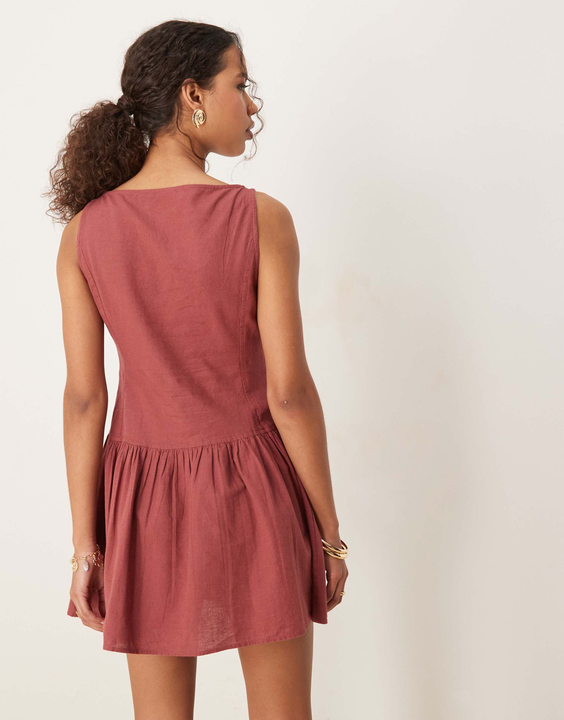 asos design slash neck button down dropped waist mini dress in washed burgundy