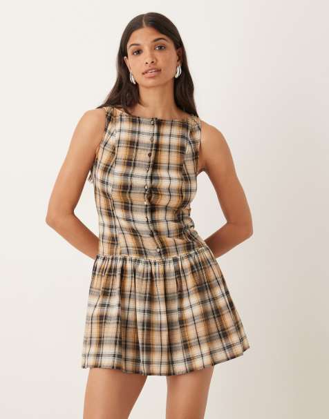 ASOS DESIGN slash neck button down dropped waist mini dress in yellow check - view 1
