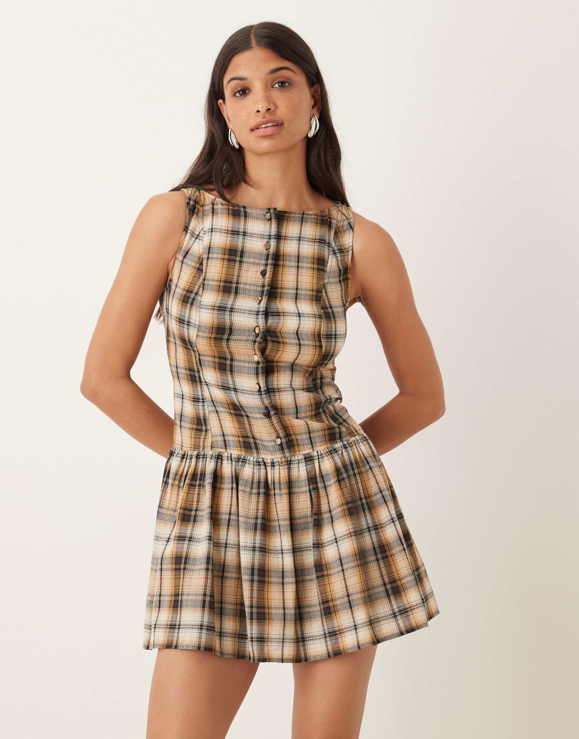 asos design slash neck button down dropped waist mini dress in yellow plaid