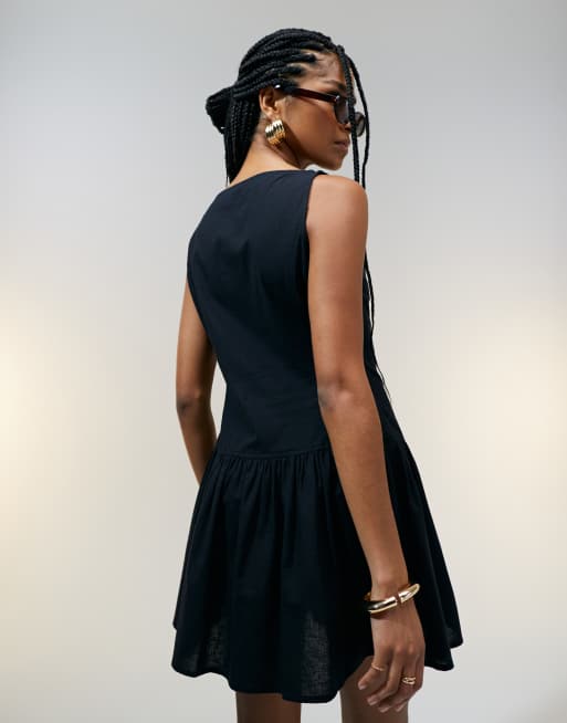 ASOS DESIGN slash neck button down dropped waist mini sundress in black |  ASOS