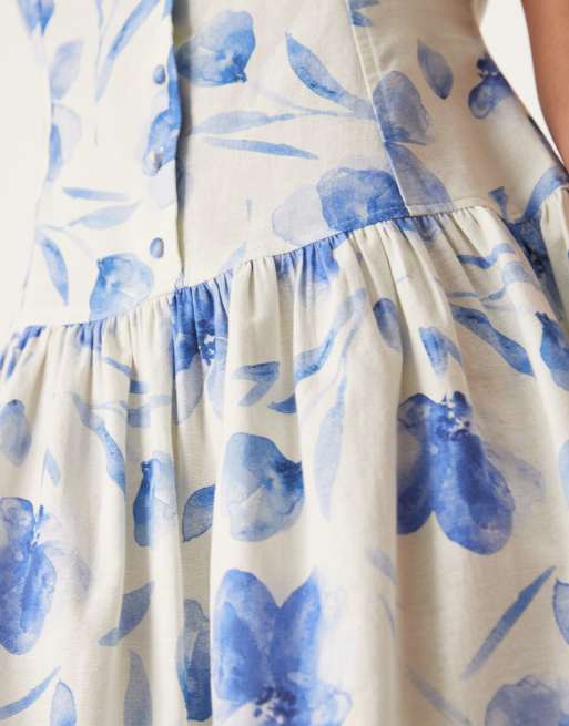 ASOS DESIGN slash neck button-down dropped waist mini sundress in blue painted print , 4 of 4