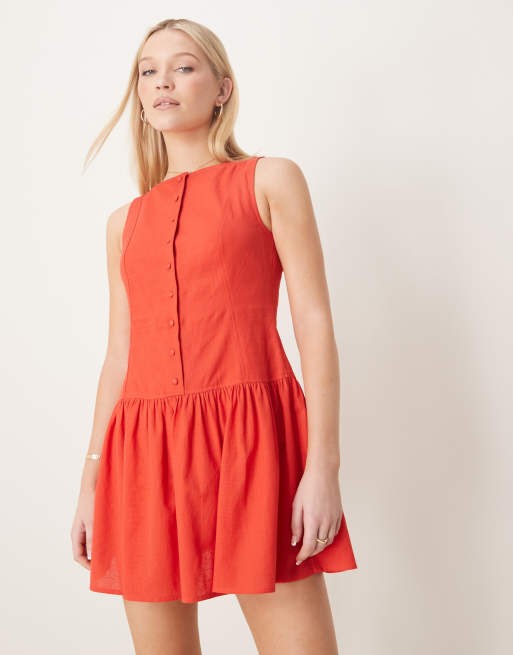 ASOS DESIGN slash neck button down dropped waist mini sundress in bright red, 2 of 4