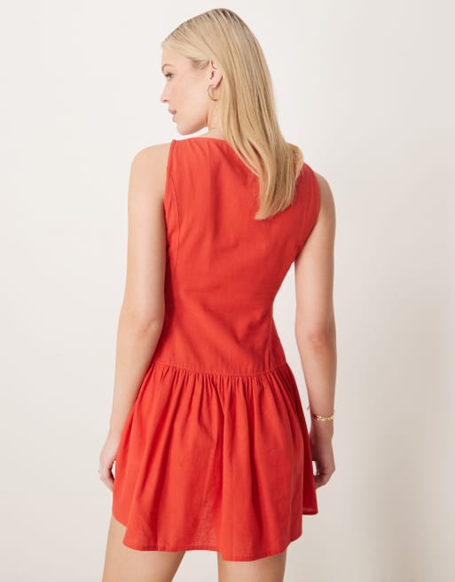 ASOS DESIGN slash neck button down dropped waist mini sundress in bright red, 3 of 4