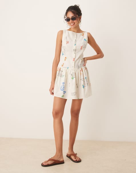 ASOS DESIGN slash neck button down dropped waist mini sundress in Spicy Print - view 1