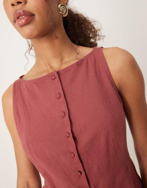 ASOS DESIGN slash neck button-down dropped waist mini sundress in washed burgundy, 2 of 4