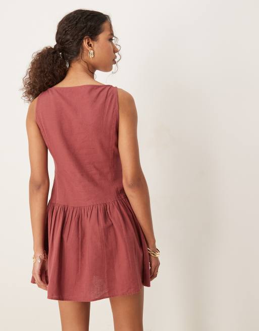 ASOS DESIGN slash neck button-down dropped waist mini sundress in washed burgundy, 3 of 4