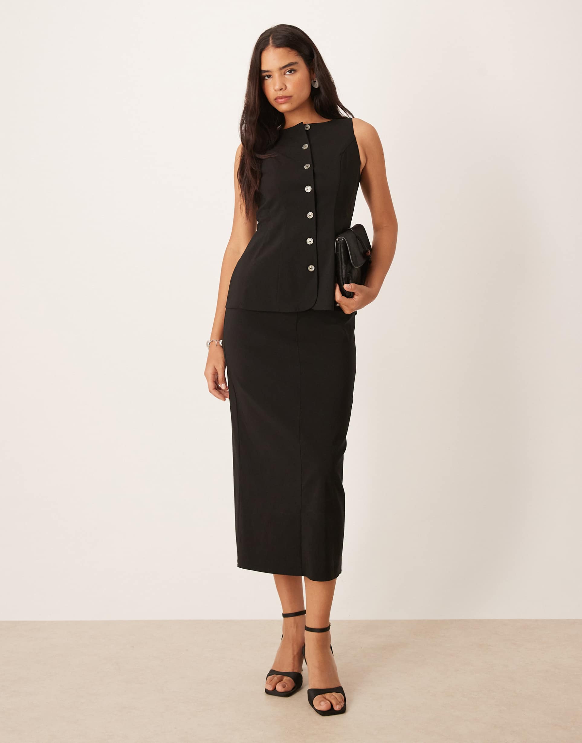 asos design slash neck button down midi dress in black