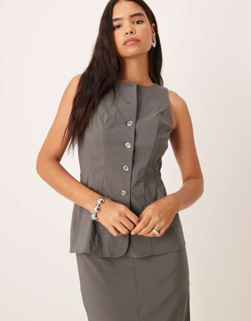 ASOS DESIGN slash neck button down midi dress in grey, 2 of 4