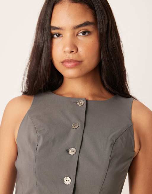 ASOS DESIGN slash neck button down midi dress in grey, 4 of 4