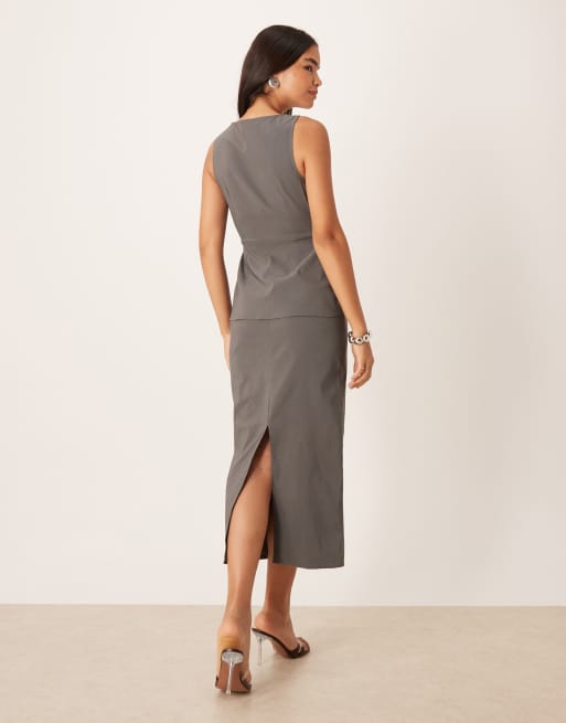 ASOS DESIGN slash neck button down midi dress in grey, 3 of 4