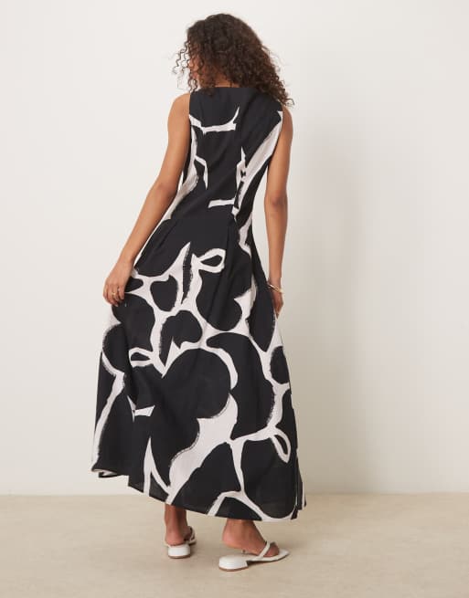 ASOS DESIGN slash neck button down vest maxi dress in black abstract print