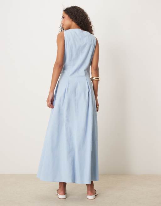 ASOS DESIGN slash neck button down vest maxi dress in blue