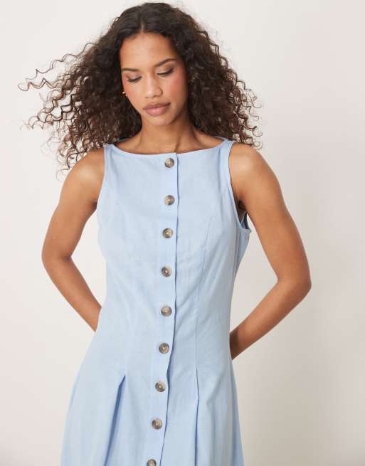 ASOS DESIGN slash neck button down vest maxi dress in blue