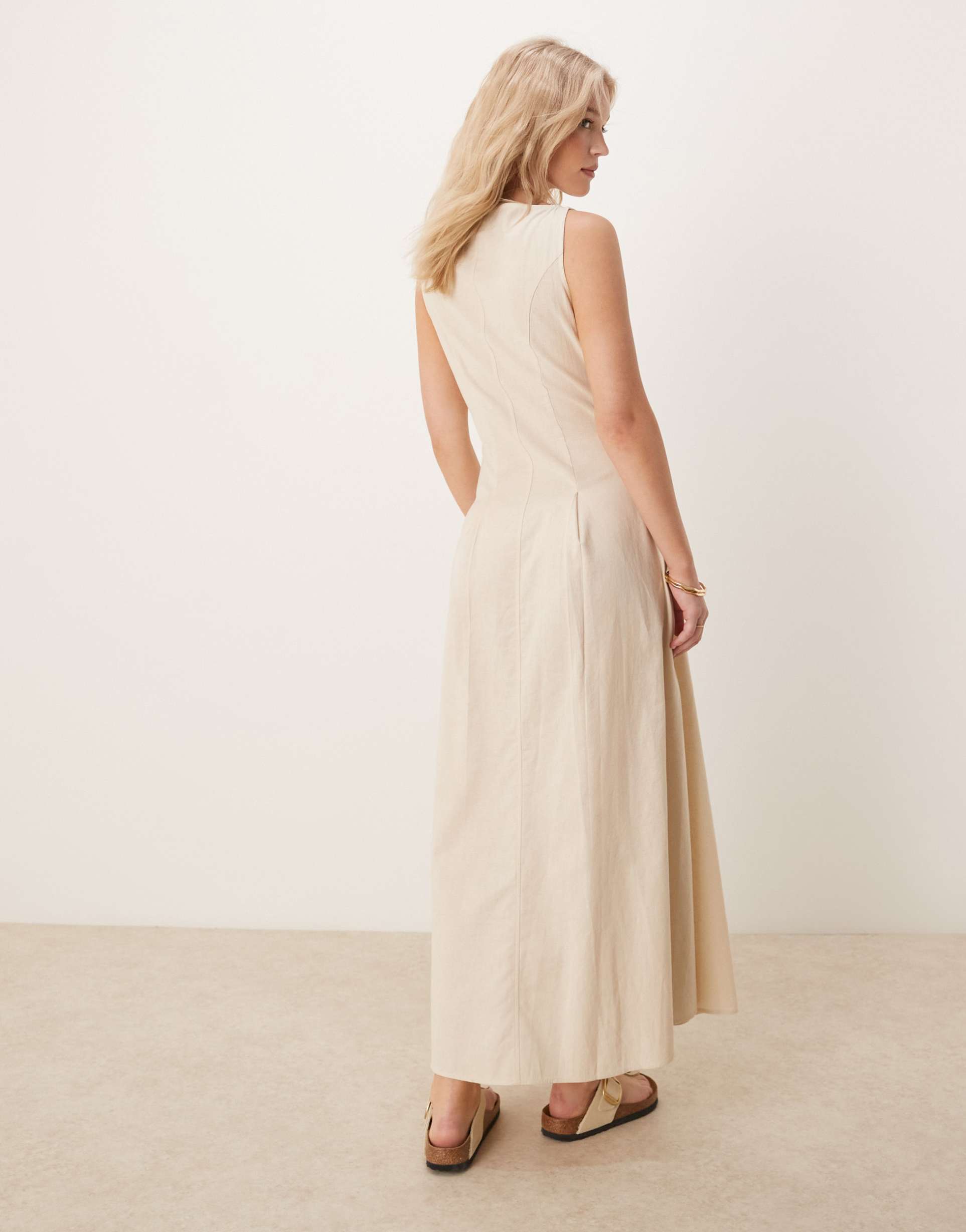 asos design slash neck button down vest maxi dress in oatmeal