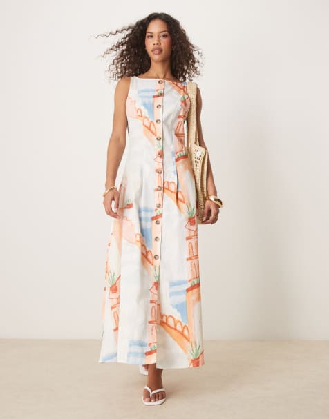 ASOS DESIGN slash neck button down vest maxi dress in postcard print - view 1