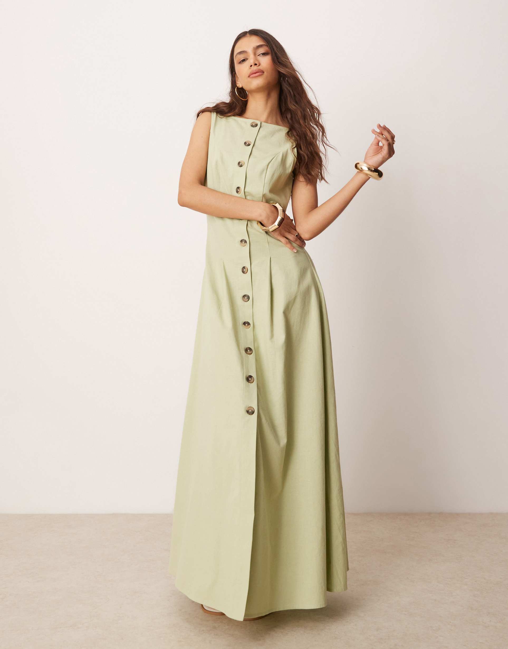 asos design slash neck button down vest maxi dress in sage