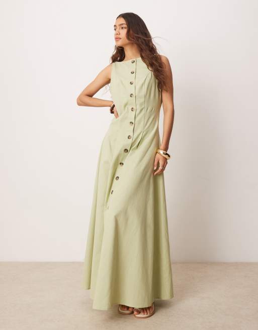 ASOS DESIGN slash neck button down vest maxi dress in sage
