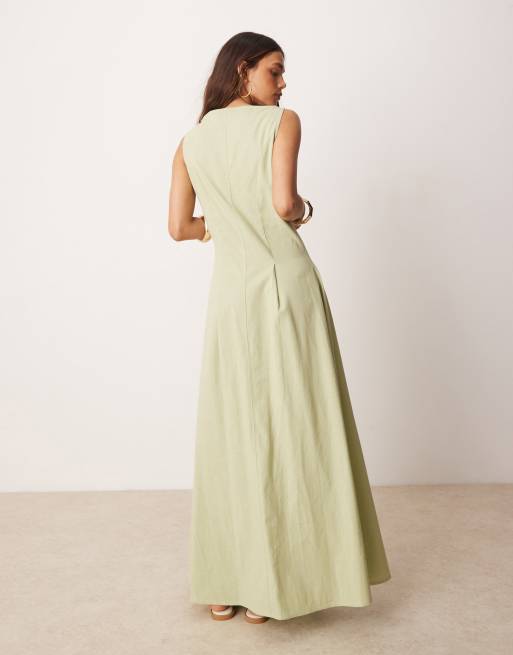 ASOS DESIGN slash neck button down vest maxi dress in sage