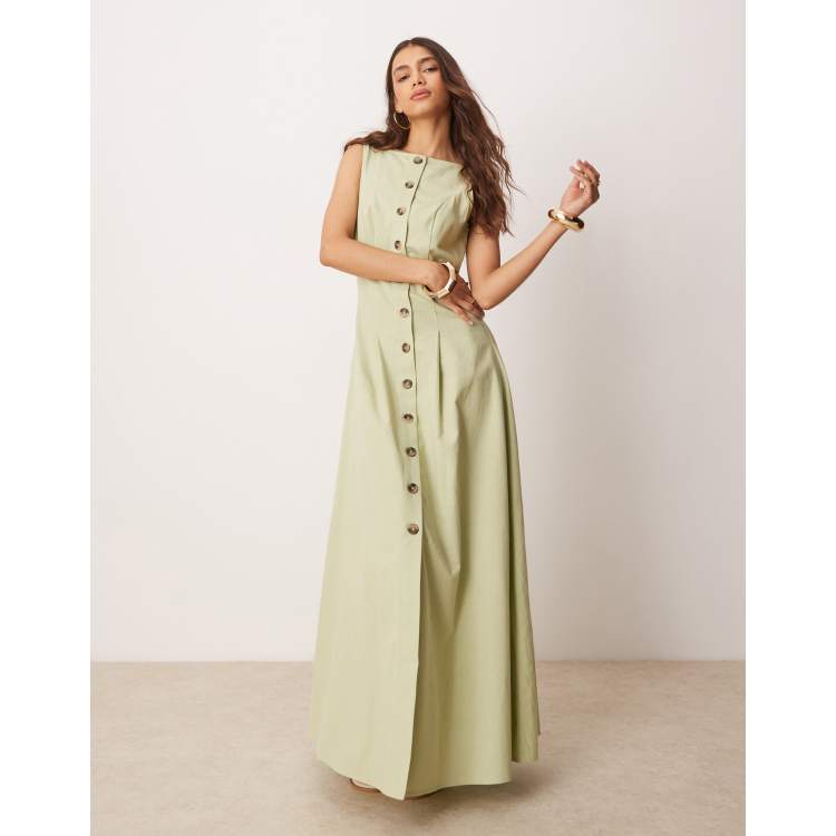ASOS DESIGN slash neck button down vest maxi sundress in sage | ASOS