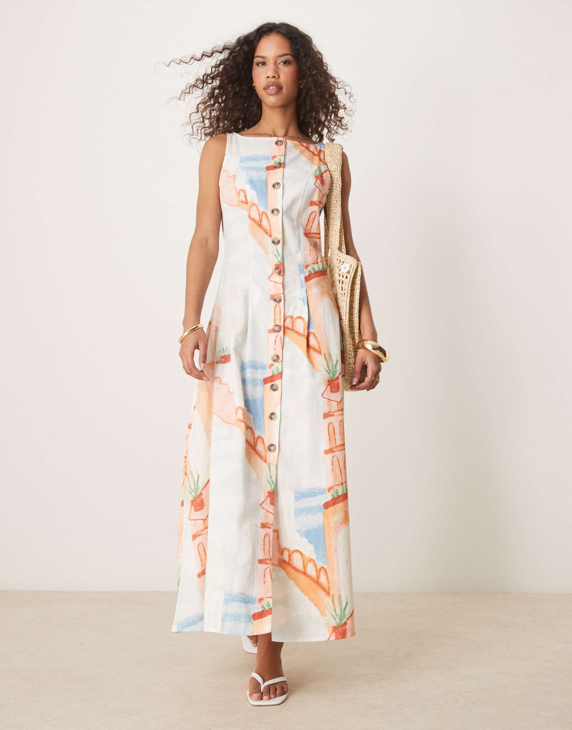 asos design slash neck button down vest midaxi sundress in postcard print