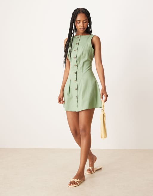 ASOS DESIGN slash neck button down vest mini dress in sage