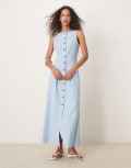 [ASOS DESIGN] ASOS DESIGN slash neck button down waistcoat maxi dress in blue 14 Blue