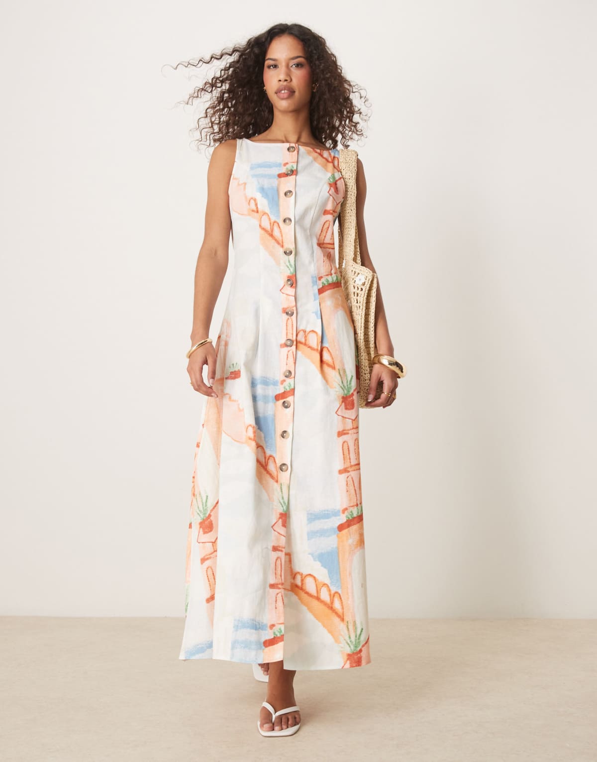 ASOS DESIGN slash neck button down waistcoat maxi dress in postcard print