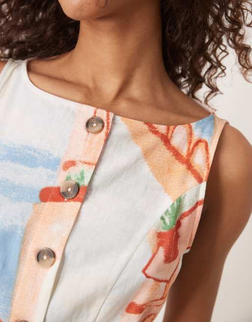 ASOS DESIGN slash neck button down vest maxi dress in postcard print