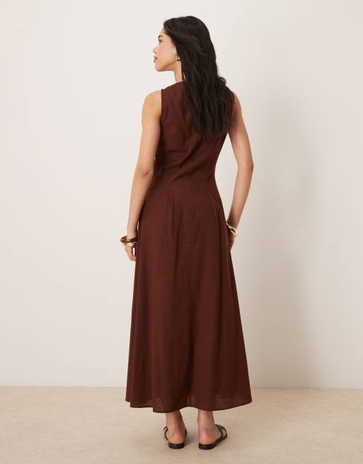 ASOS DESIGN slash neck button down waistcoat maxi sundress chocolate , 3 of 4