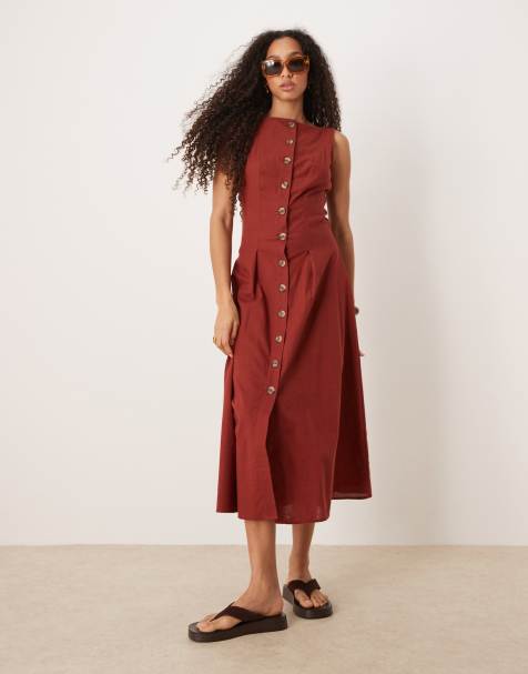 ASOS DESIGN slash neck button down waistcoat midi dress in burgundy - view 1