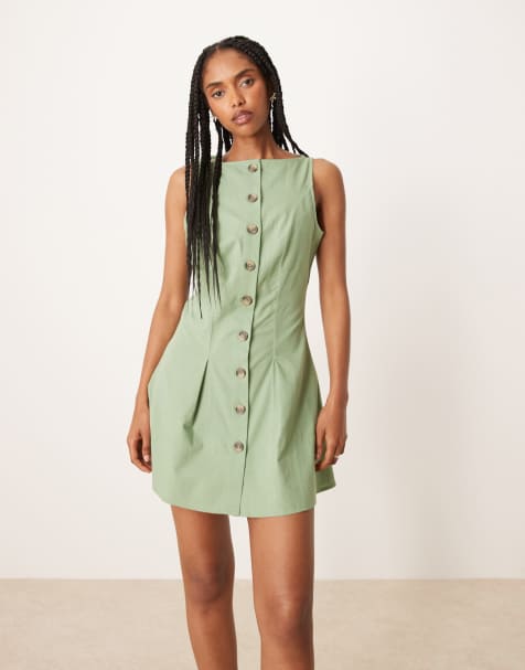 ASOS DESIGN slash neck button down waistcoat mini sundress in sage - view 1