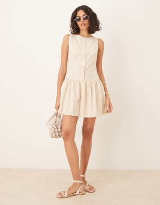 ASOS DESIGN slash neck button front dropped waist mini dress in oatmeal