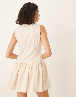 ASOS DESIGN slash neck button front dropped waist mini dress in oatmeal